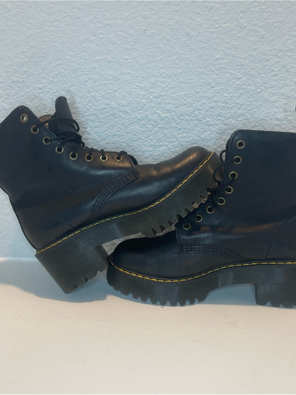 Dr. Martens Black Leather Platform Lace-Up Boots with Yellow Stitching - Picture 10 of 10